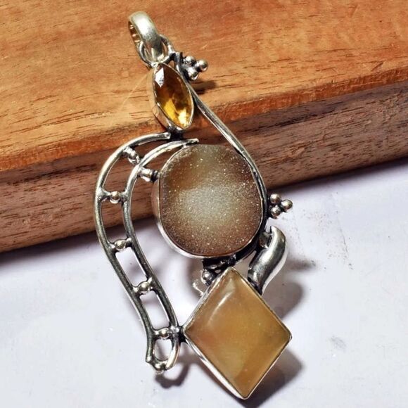 Unique Large Glistening Druzy Citrine Ethnic Handmade Pendant Jewelry 3" - Picture 1 of 1